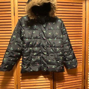 GAP Kids Navy Blue Floral Designs Hooded Puffer Jacket with Faux Fur Trim